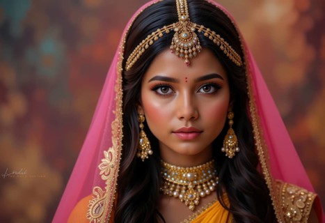 A stunning portrait of an Indian woman showcases her beauty, wearing a vibrant yellow saree and