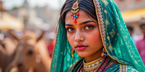 A stunning woman, adorned in vibrant green traditional Indian clothing and jewelry, exudes grace