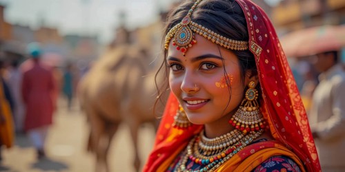 A stunning woman adorned in vibrant Indian clothing, including a red veil and ornate jewelry,
