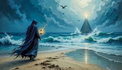 A cloaked figure walks along a beach towards a stairway leading to a bright light in the sky, with