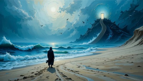 The image depicts a solitary figure on a beach, walking towards a mountain with a glowing door at