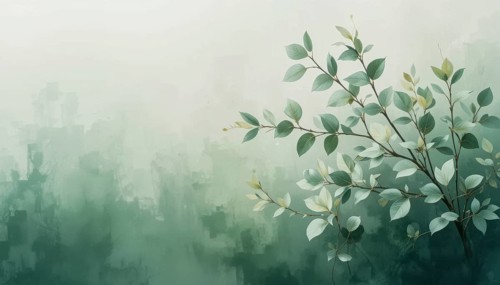 An artistic watercolor painting showcases delicate green leaves and branches against a soft,