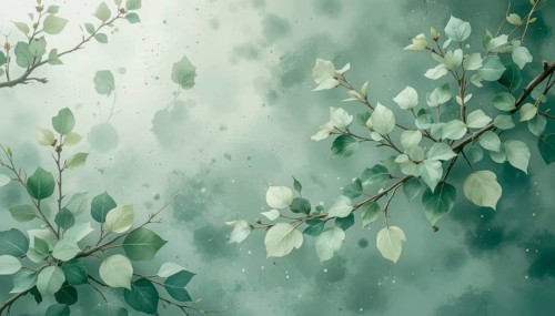 This watercolor artwork features elegant branches adorned with soft green leaves against a dreamy,