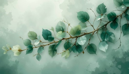 A delicate branch with various shades of green leaves is set against a dreamy, watercolor-textured