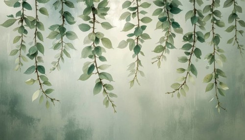 Delicate watercolor painting showcasing hanging leaves with a soft, blurred background, creating a