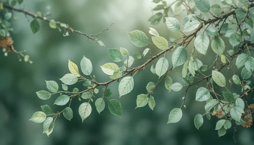 Close-up of tree branches with fresh green leaves, creating a peaceful and natural scene. The soft