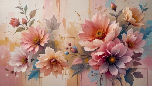 A beautiful watercolor painting showcasing a bouquet of delicate flowers in shades of pink, peach,