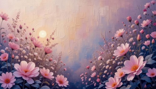 A beautiful painting showcases a field of pink flowers under a soft, warm sun. The artwork evokes a