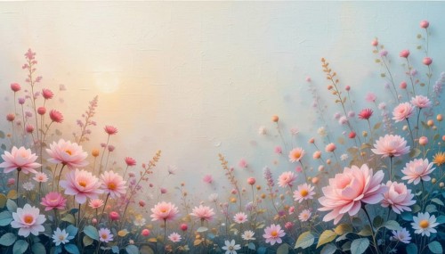 A beautiful painting-like image of a garden filled with delicate pink flowers, creating a peaceful