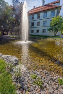 Small pond with water fountain in the castle park in Kisslegg, Allgäu, Baden-Württemberg, Germany