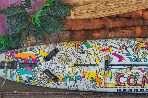 A pop-painted surfboard, Kisslegg, Allgäu, Baden-Württemberg, Germany