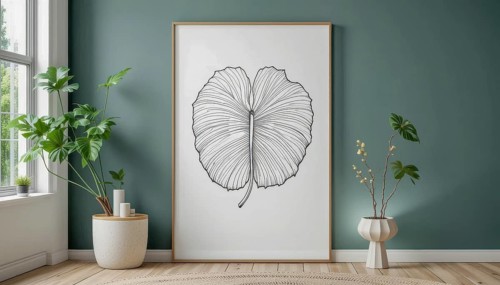 A modern interior showcases a large framed artwork of a leaf, complemented by lush green plants and