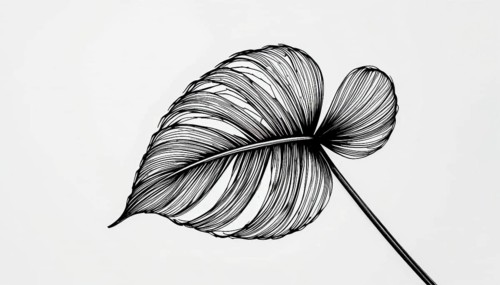 A detailed black and white illustration of a leaf with intricate line work, set against a clean