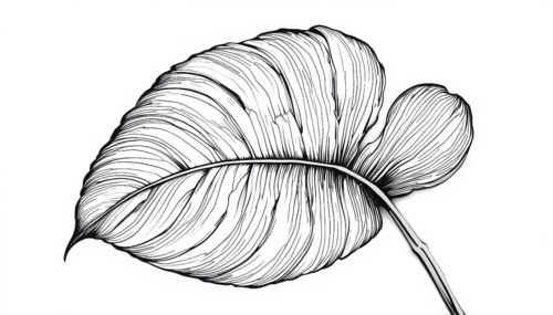 A stunning black and white illustration showcases a large tropical leaf with intricate line details