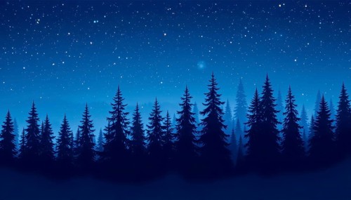 A tranquil scene of a forest at night, with silhouetted trees against a deep blue sky filled with