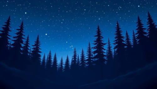 A serene night scene with silhouetted evergreen trees against a deep blue sky filled with twinkling