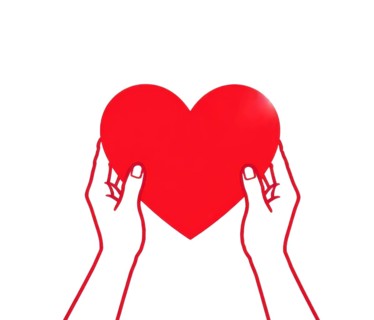 Two hands, drawn with a red outline, cradle a vibrant red heart against a clean white backdrop,