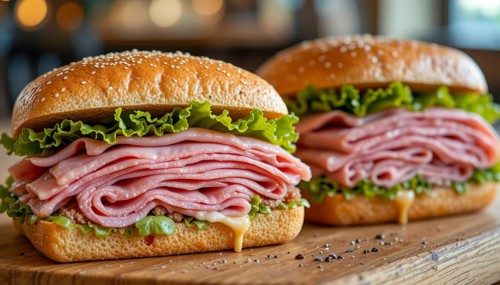Two appetizing ham sandwiches are presented, showcasing layers of ham and crisp lettuce between