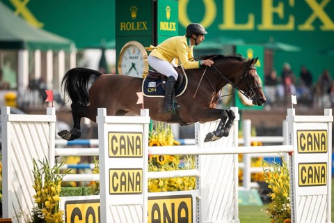 Yuri Mansur of Brazil, riding QH Alfons Santo Antonio competes in the 2025 Spruce Meadows Masters