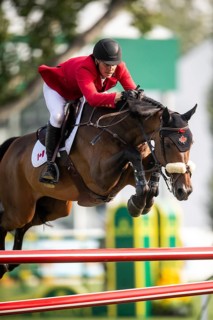 Sean Jobin of Canada, riding Sterrehof's Edinus competes in the 2025 Spruce Meadows Masters on