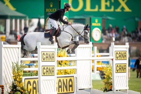 Roy Van Beek of Austria, riding Cavoiro-H Old, competes in the 2025 Spruce Meadows Masters on