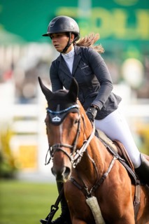 Alessandra Reich of Austria, riding Oeli R, competes in the 2025 Spruce Meadows Masters on