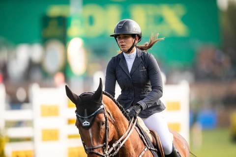 Alessandra Reich of Austria, riding Oeli R, competes in the 2025 Spruce Meadows Masters on