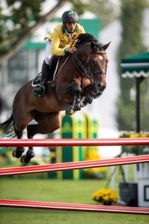 Yuri Mansur of Brazil, riding QH Alfons Santo Antonio competes in the 2025 Spruce Meadows Masters