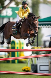 Yuri Mansur of Brazil, riding QH Alfons Santo Antonio competes in the 2025 Spruce Meadows Masters