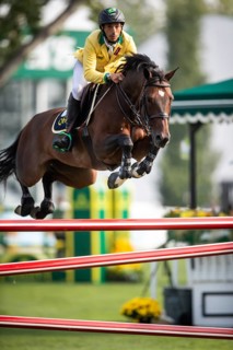 Yuri Mansur of Brazil, riding QH Alfons Santo Antonio competes in the 2025 Spruce Meadows Masters