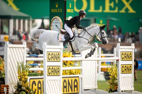 Hilary Scott or Australia, riding Oaks Milky Way competes in the 2025 Spruce Meadows Masters on