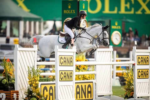 Hilary Scott or Australia, riding Oaks Milky Way competes in the 2025 Spruce Meadows Masters on