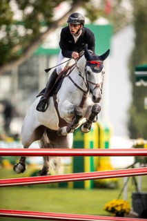 Roy Van Beek of Austria, riding Cavoiro-H Old, competes in the 2025 Spruce Meadows Masters on