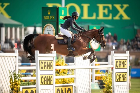 Alessandra Reich of Austria, riding Oeli R, competes in the 2025 Spruce Meadows Masters on