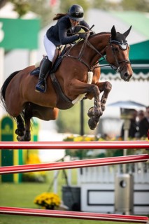 Alessandra Reich of Austria, riding Oeli R, competes in the 2025 Spruce Meadows Masters on
