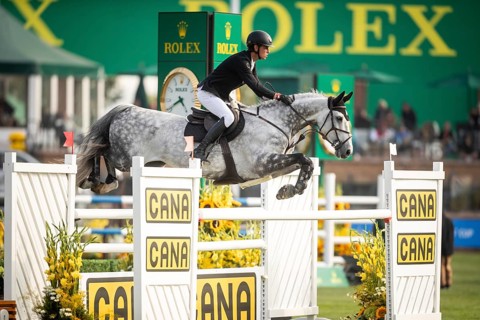 Kevin Jochems of the Netherlands, riding Csquetto Van De Helle competes in the 2025 Spruce Meadows
