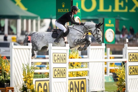 Kevin Jochems of the Netherlands, riding Csquetto Van De Helle competes in the 2025 Spruce Meadows
