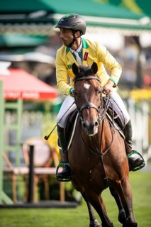 Yuri Mansur of Brazil, riding QH Alfons Santo Antonio competes in the 2025 Spruce Meadows Masters
