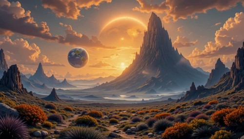 A breathtaking fantasy landscape features a majestic mountain range, a planet resembling Earth, and