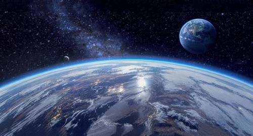 A stunning view of Earth from space, showcasing the planet's curvature, a distant planet, and the