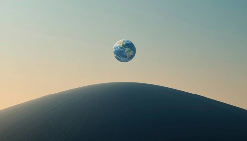 A surreal image shows planet Earth suspended in the sky above a large sand dune, evoking a sense of
