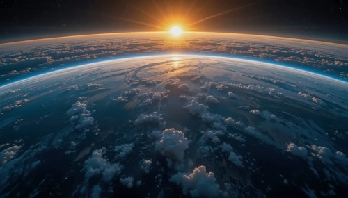The breathtaking view of Earth from space captures the sunrise, with clouds and the atmosphere