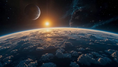 An awe-inspiring cosmic scene showcases a planet's horizon with a bright sun and a moon in the dark