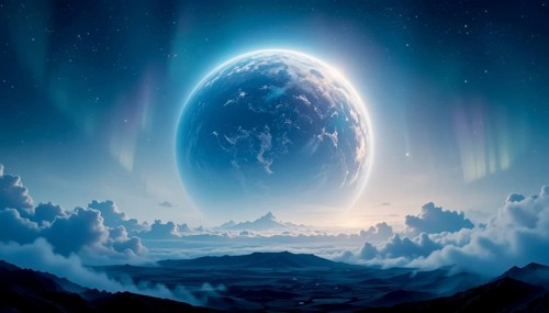 The image captures a stunning celestial scene with a large planet, vibrant aurora, and a serene