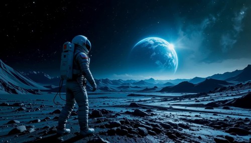 An astronaut stands on a rocky surface, looking towards a large planet rising in the distance, with