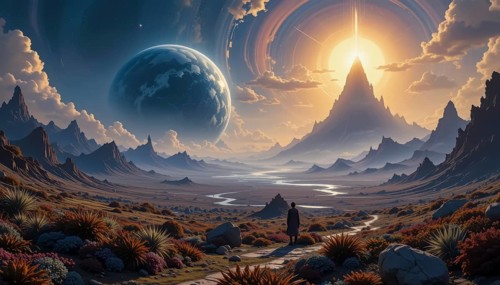 A lone figure stands on a path, gazing at a breathtaking alien landscape with a large planet and a