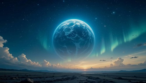 The image showcases a celestial scene with a glowing planet, vibrant aurora, and a serene landscape