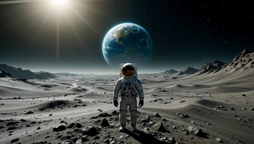 An astronaut stands on a desolate lunar surface, gazing towards Earth, which is prominently