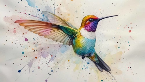 A vibrant watercolor painting showcases a hummingbird mid-flight, its wings spread, and a rainbow