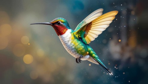 A vibrant hummingbird with iridescent feathers is captured mid-flight against a soft, blurred